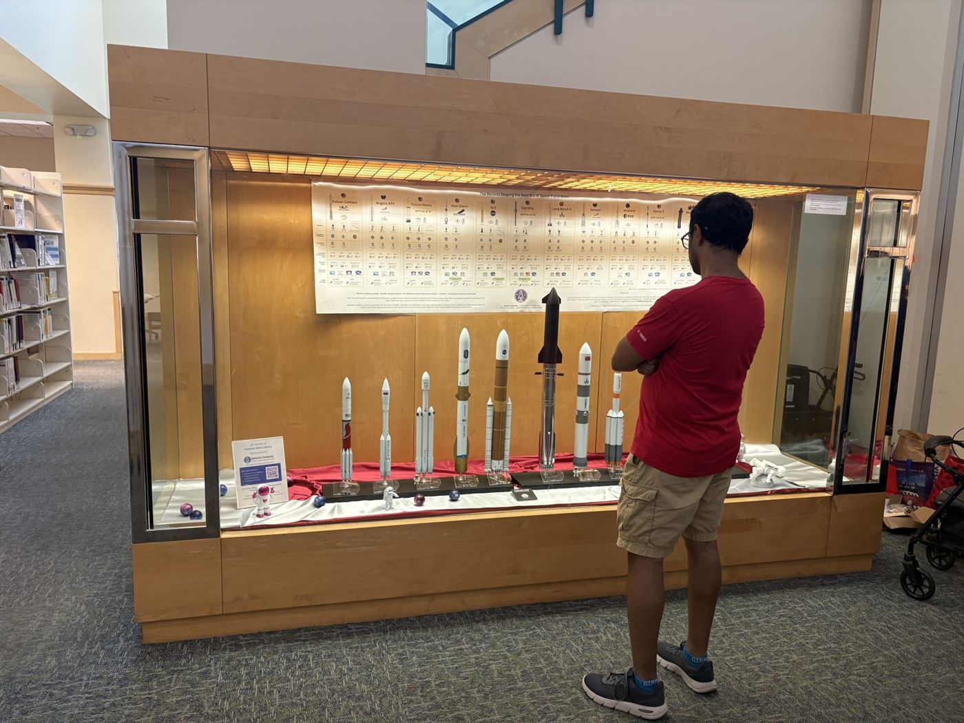 A student studying the rockets and the poster above them