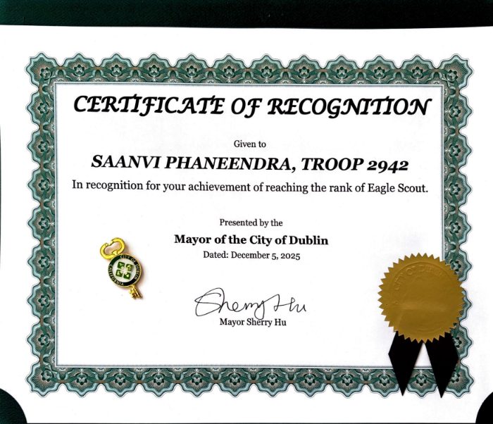 City of Dublin Certificate of Recognition for Saanvi Phaneendra