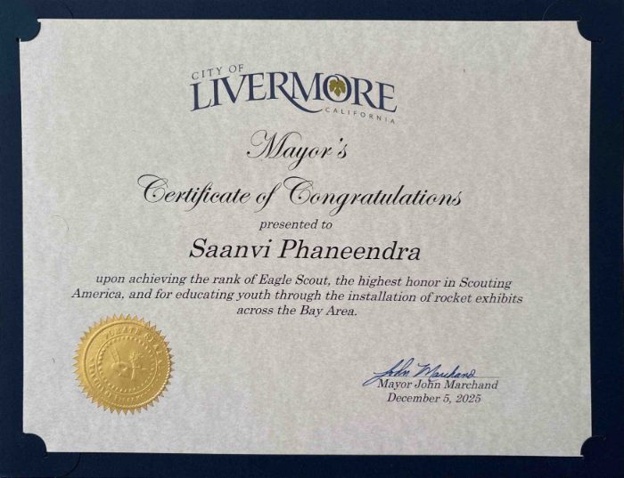 City of Livermore Mayor's Certificate of Congratulations for Saanvi Phaneendra