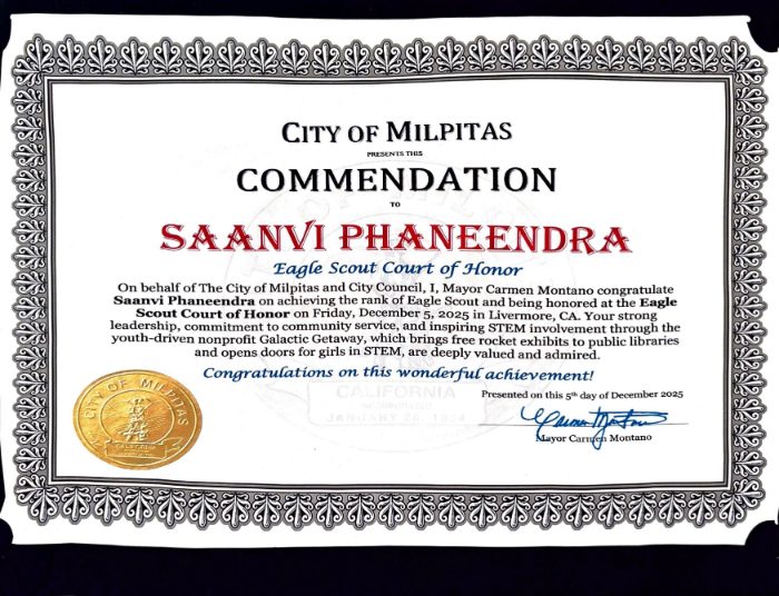 City of Milpitas Commendation for Saanvi Phaneendra