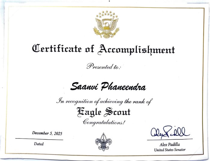 U.S. Senator Eagle Scout Certificate of Accomplishment for Saanvi Phaneendra