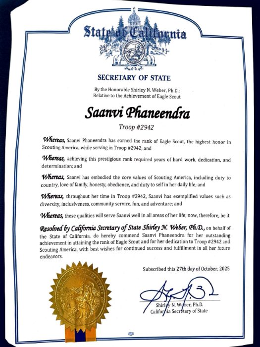 California Secretary of State Recognition for Saanvi Phaneendra