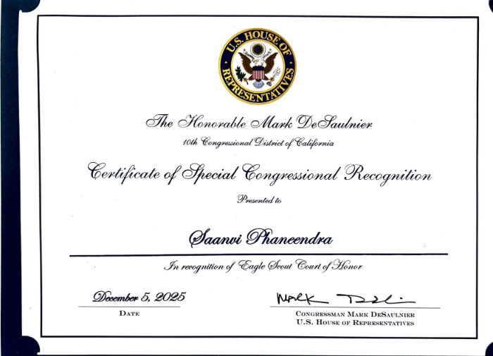 U.S. House of Representatives Special Congressional Recognition for Saanvi Phaneendra