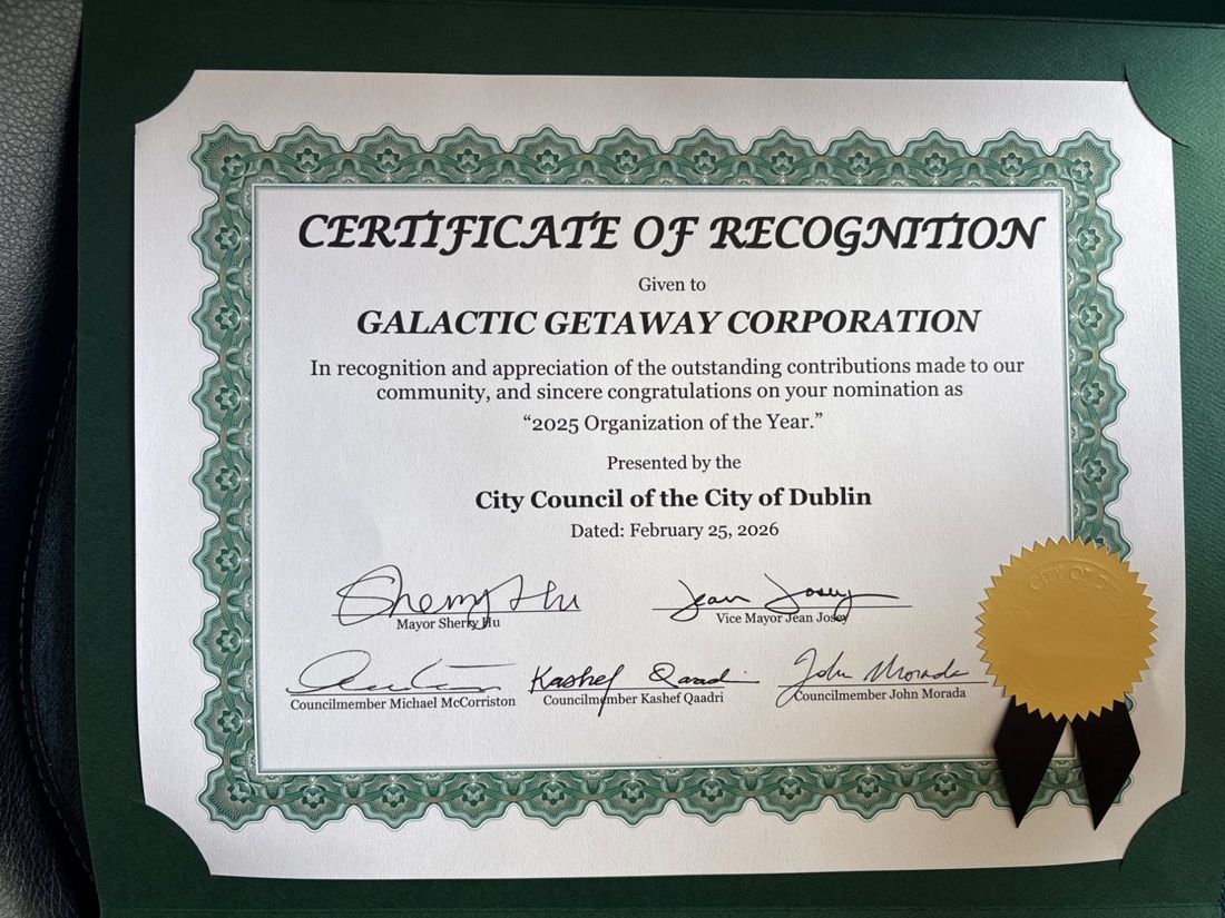 City Council of the City of Dublin Certificate of Recognition to Galactic Getaway Corporation for 2025 Organization of the Year nomination
