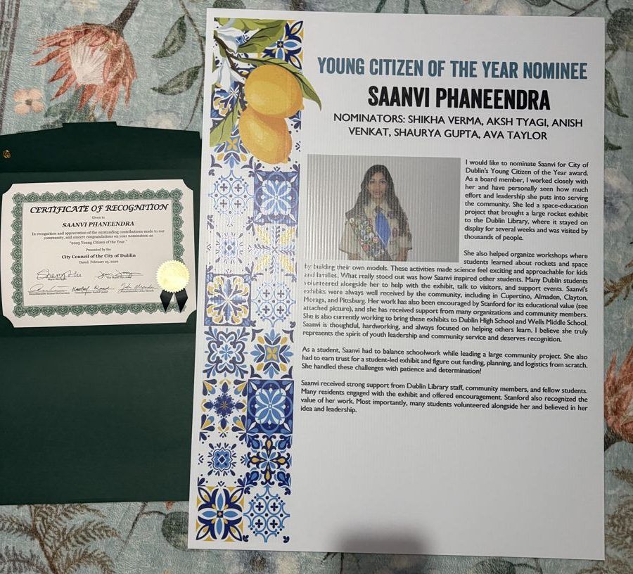 Young Citizen of the Year nominee poster and City of Dublin Certificate of Recognition for Saanvi Phaneendra