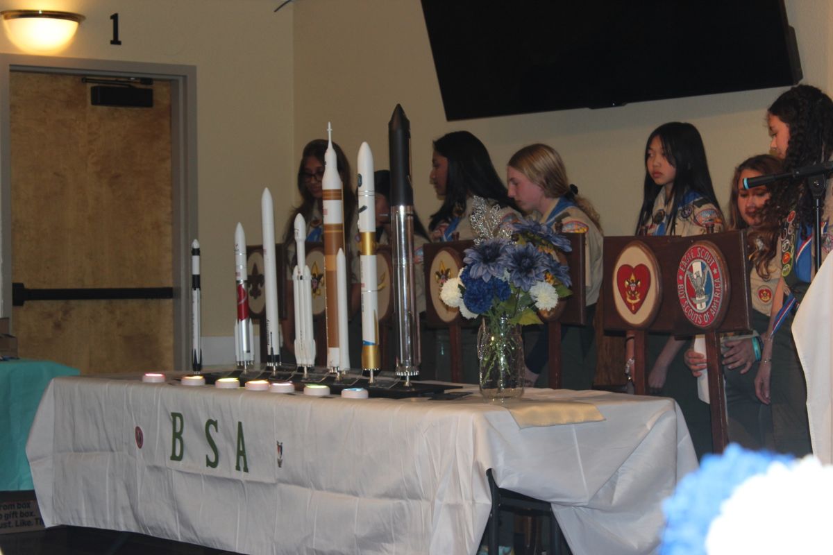 Rocket models displayed at Saanvi Phaneendra’s Eagle Scout Court of Honor