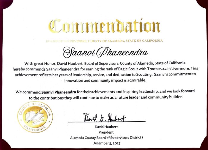 Alameda County Board of Supervisors Commendation for Saanvi Phaneendra