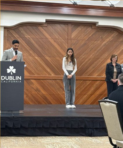 Saanvi Phaneendra on stage at the City of Dublin awards celebration