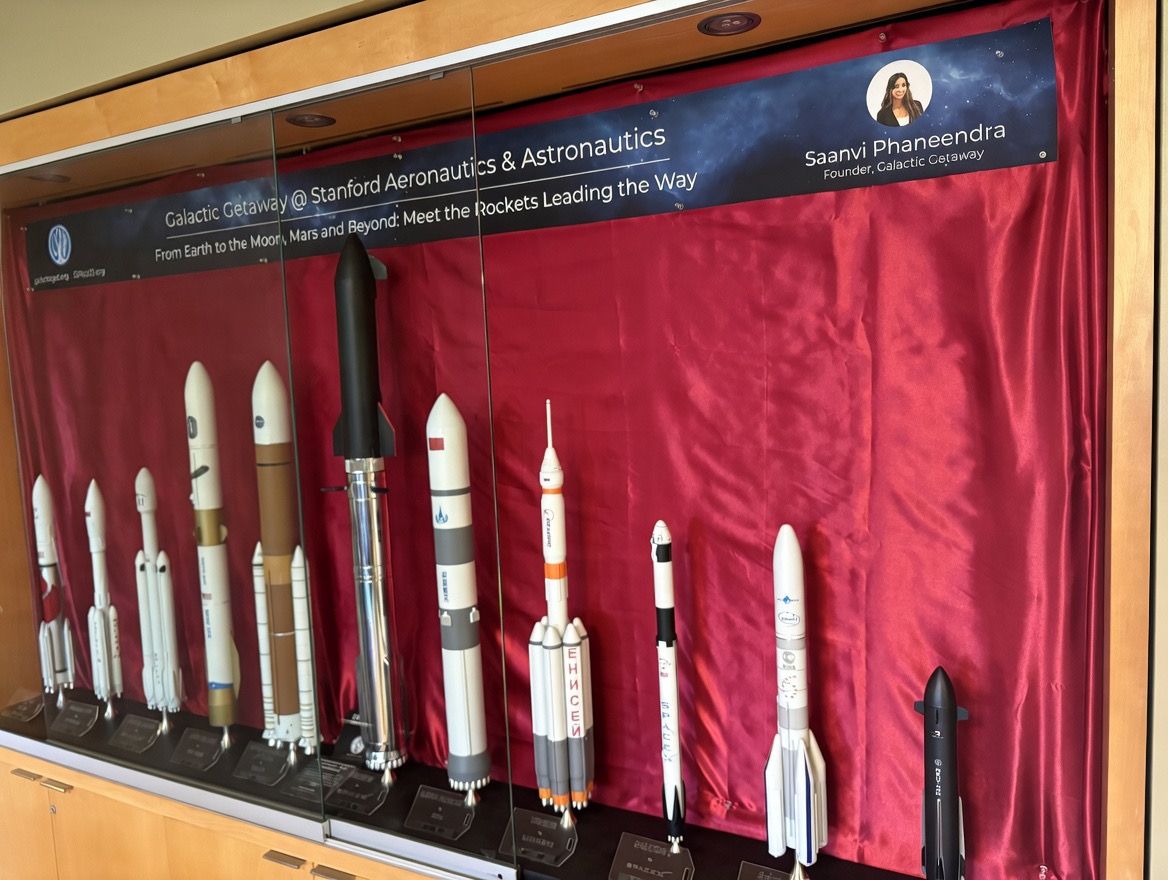 The full Galactic Getaway international rocket exhibit at Stanford Aeronautics and Astronautics