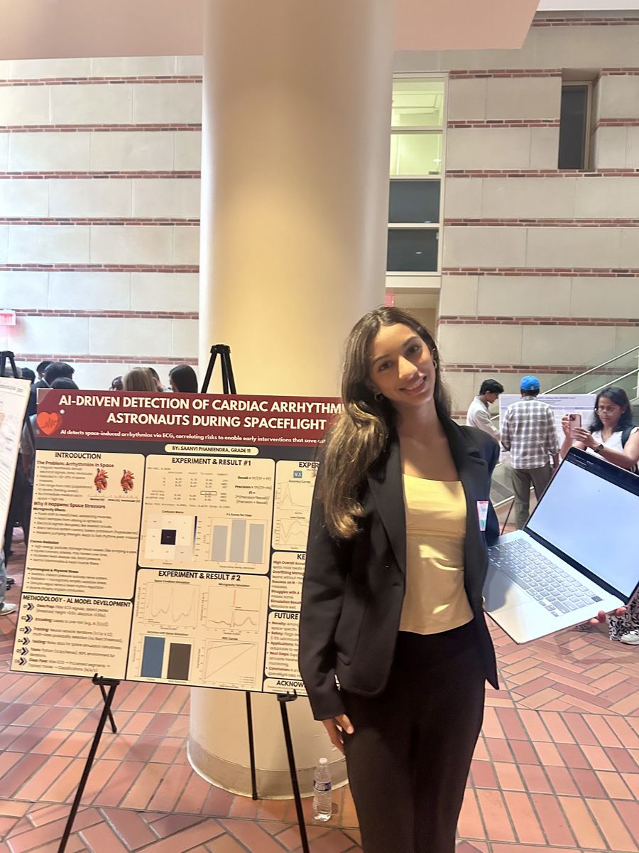 Saanvi Phaneendra presenting AI research on astronaut heart health at UCLA
